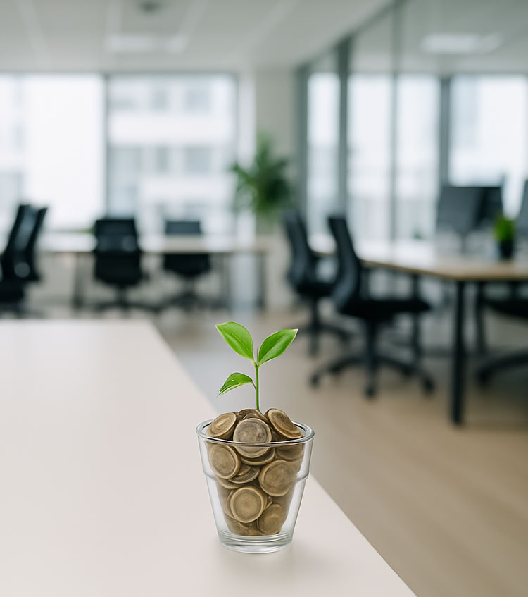A glass filled with British pound coins and a small green plant sits on a desk in a modern, empty office with large windows and neatly arranged chairs.