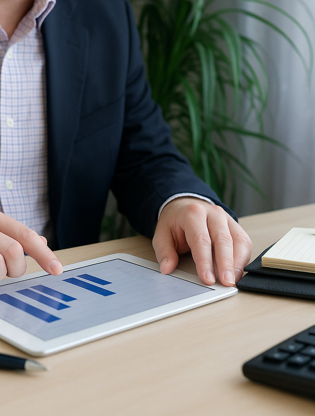 A Caucasian man in a navy suit and checked shirt is seated at a desk, using a tablet that displays bar charts. On the desk are a notepad, a pen, and a calculator, with a leafy plant and sheer curtains in the background, creating a professional office setting.
